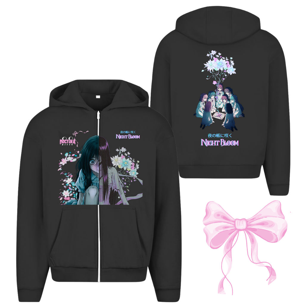 Unisex Oversize Zip Hoodie "Night Bloom" Premium Ribbon Edition