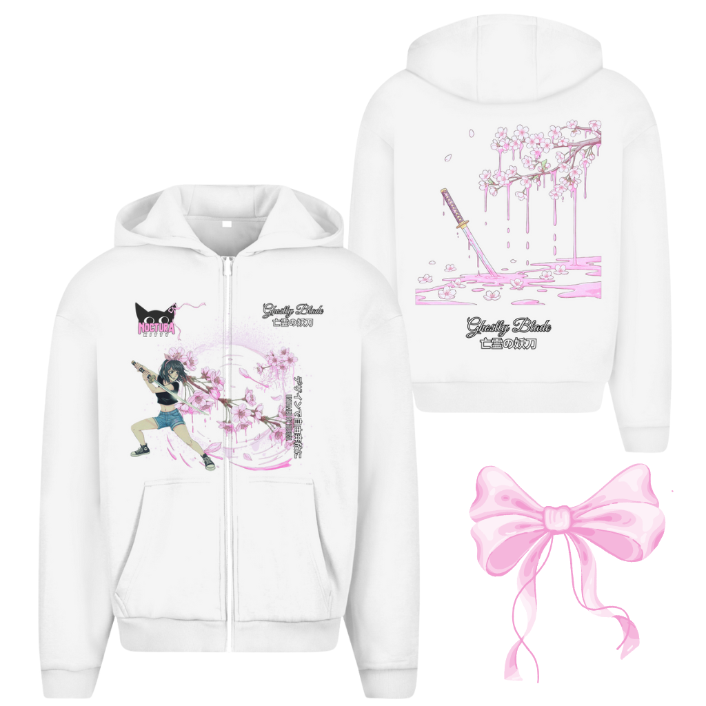 Unisex Oversize Zip Hoodie "Ghostly Blade" Premium Ribbon Edition