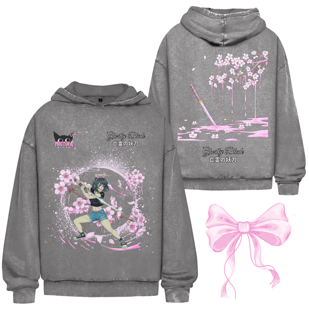 Unisex Oversize Hoodie Washed "Ghostly Blade" Premium Ribbon Edition